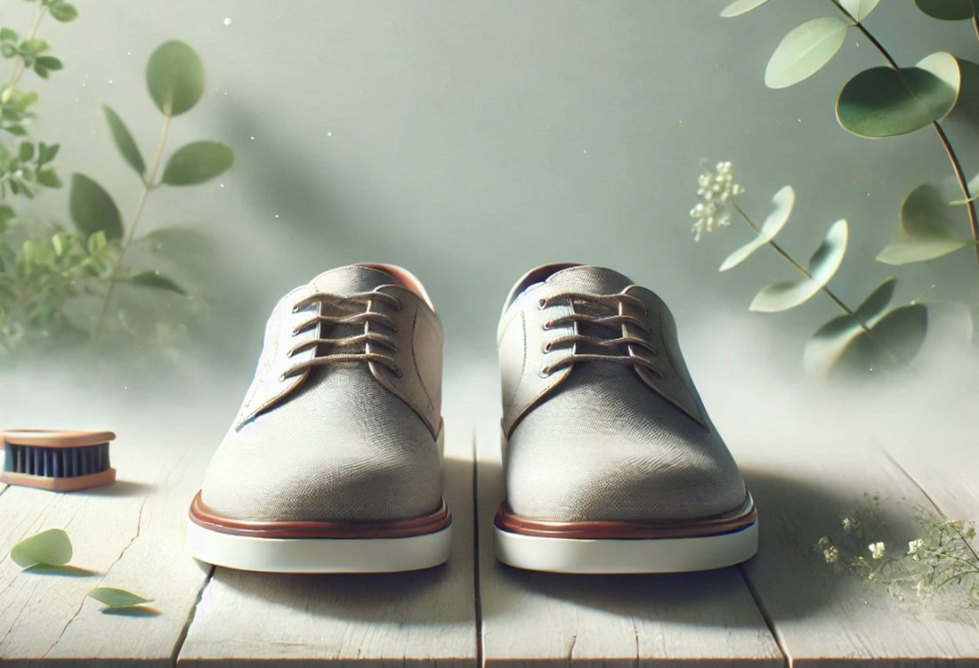 Frische, umweltfreundliche Schuhe auf einem Holztisch, umgeben von Pflanzen und Pflegeprodukten.