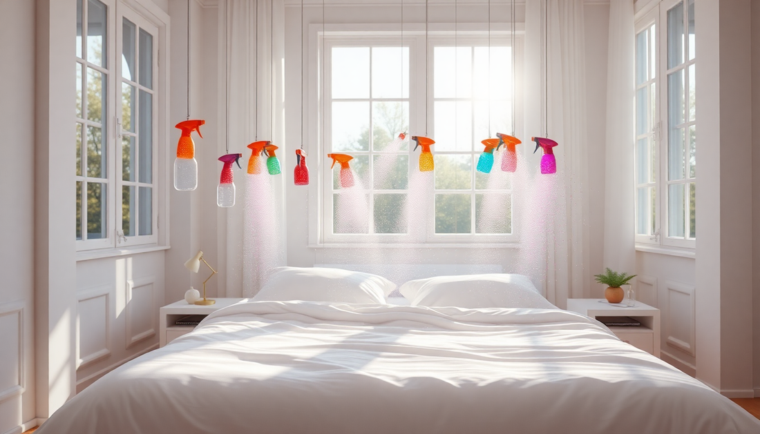 Bunte Sprühflaschen hängen über einem gemütlichen Schlafzimmer mit Fensterblick und hellem Tageslicht.