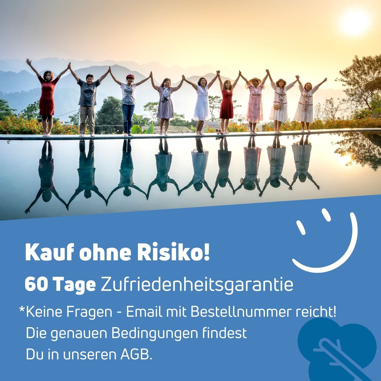 Gruppe von glücklichen Menschen an einem Pool mit Verkaufsangebot für 60 Tage Zufriedenheitsgarantie.