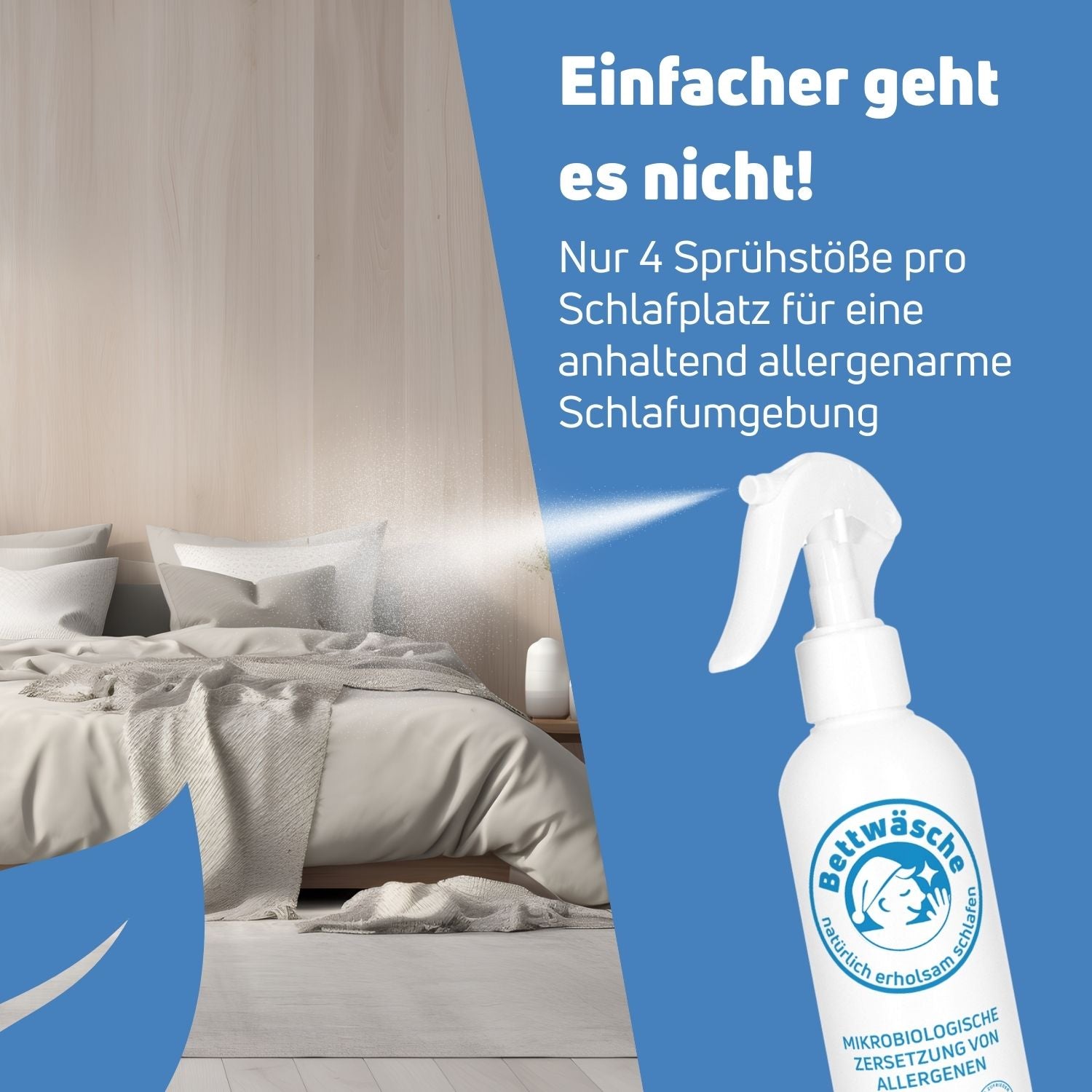 Bettwäsche Mikrobiologisches Milbenspray für allergenarme Schlafumgebung, Anwendung mit nur 4 Sprühstößen pro Platz.