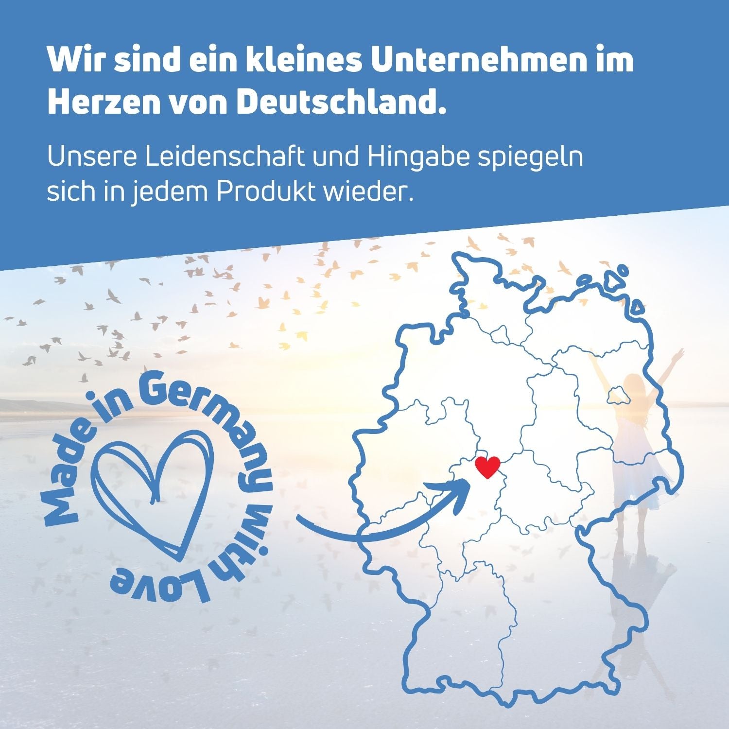 Illustration of a map of Germany highlighting a small company with a heart symbol, showcasing passion and love for products.