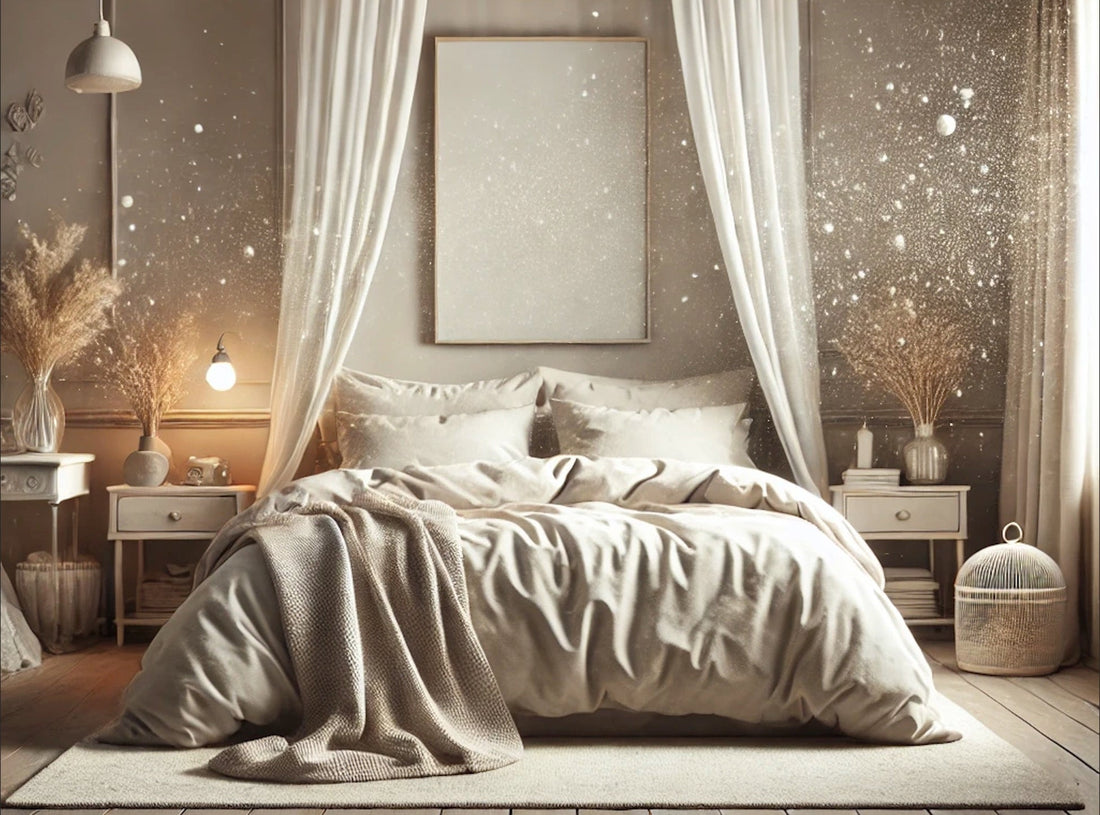 Gemütliches Schlafzimmer mit hellem Bettzeug, stilvollen Nachttischen und dekorativen Pflanzen im Hintergrund.