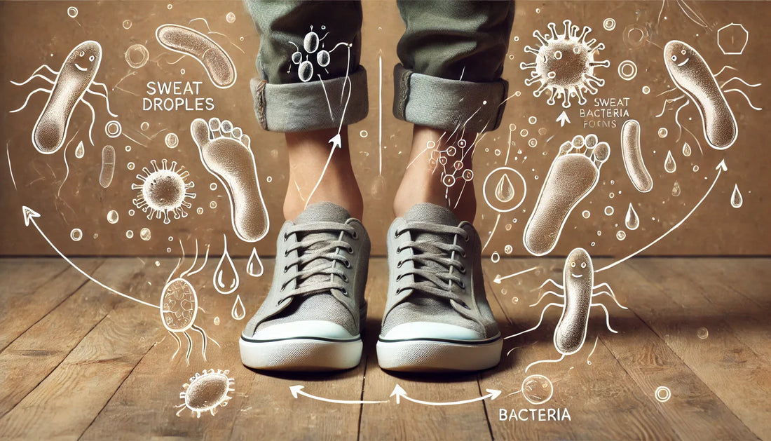 Illustration of feet in sneakers showing sweat droplets and bacteria causing Fußgeruch on wooden floor.