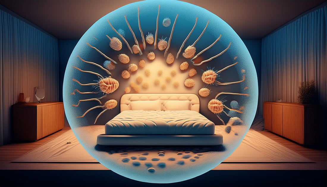 Artistic depiction of a bedroom surrounded by allergens and dust mites, highlighting the need for effective protection.