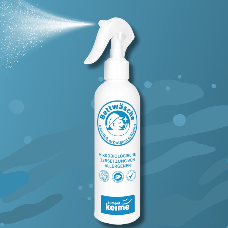 Bettwäsche Milbenspray zur natürlichen Zersetzung von Allergenen für einen allergiefreien Schlaf.