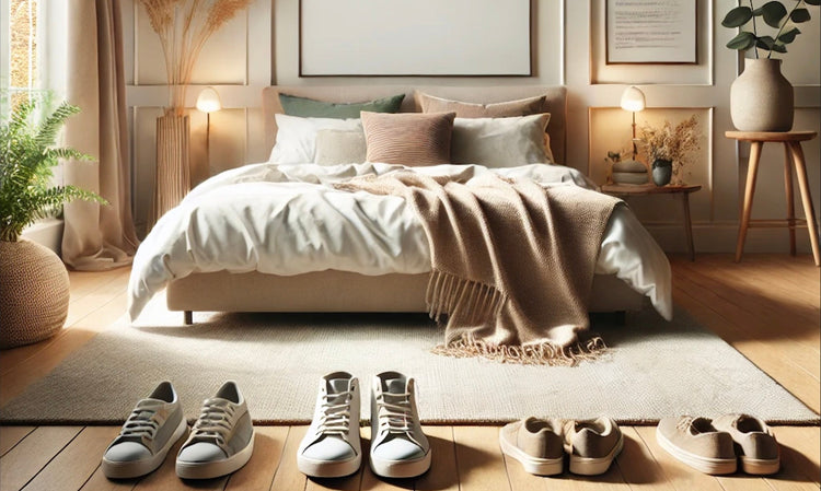 Stylish bedroom featuring cozy decor and neatly placed shoes on the floor, enhancing home hygiene and comfort.