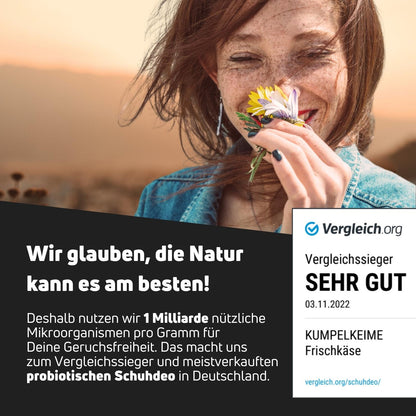 Probiotisches Schuhdeo mit 1 Milliarde Mikroorganismen für natürliche Geruchsneutralität und Schuh-Hygiene.
