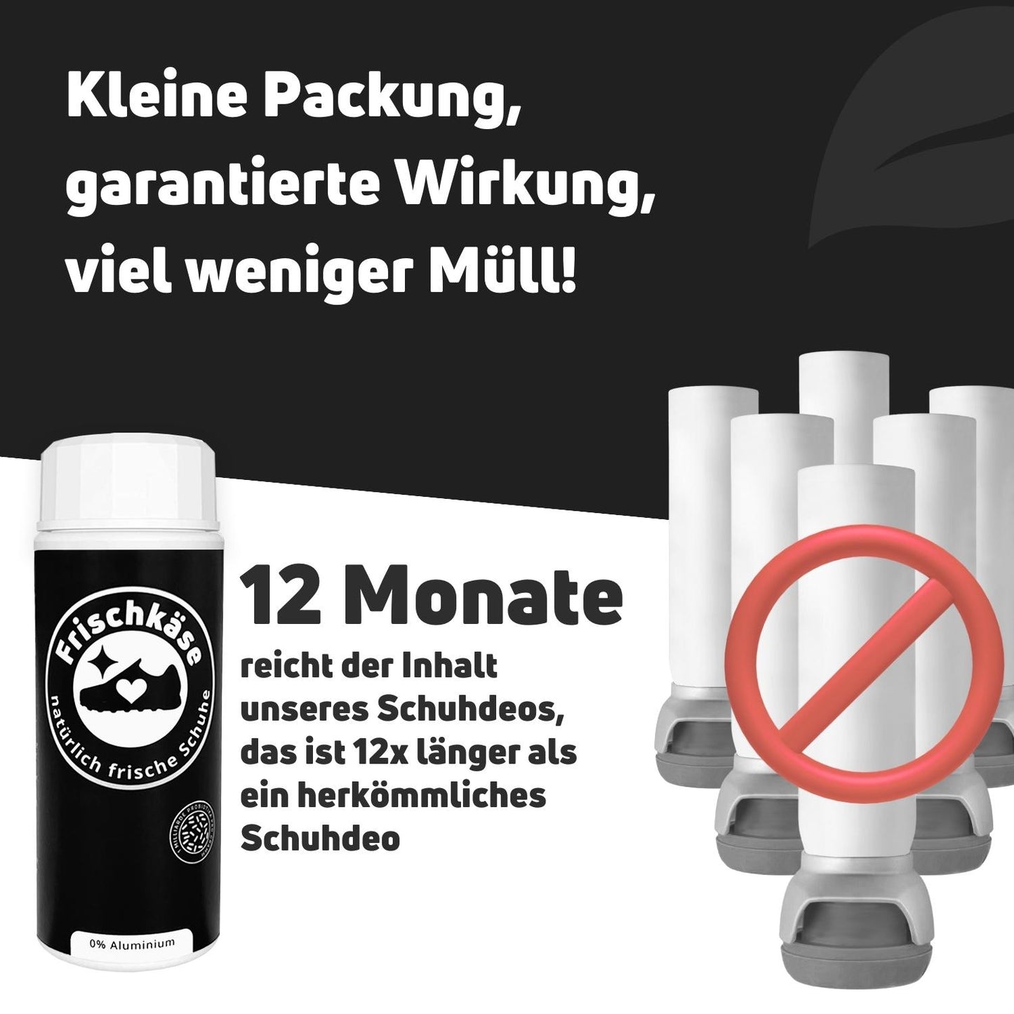 Frischkäse Schuhdeo Black Edition in kleiner Verpackung, wirksam gegen Gerüche, umweltfreundlich und langlebig.