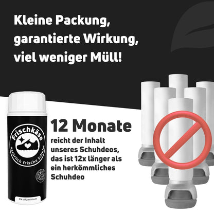 Frischkäse Schuhdeo Black Edition in kleiner Verpackung, wirksam gegen Gerüche, umweltfreundlich und langlebig.