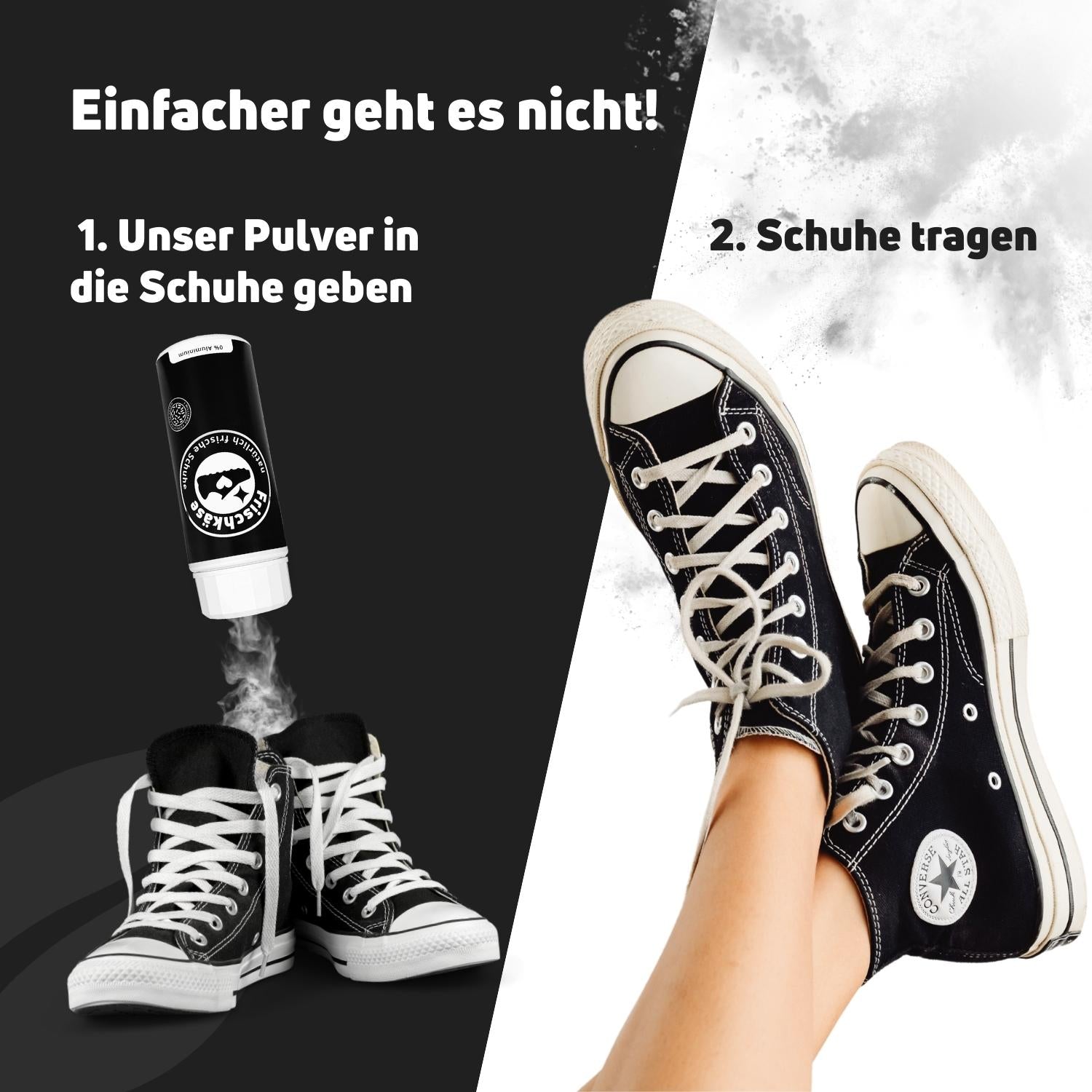 Anleitung zur Anwendung des Frischkäse Schuhdeo Black Edition: Pulver einfüllen und Schuhe tragen für optimale Schuhhygiene.