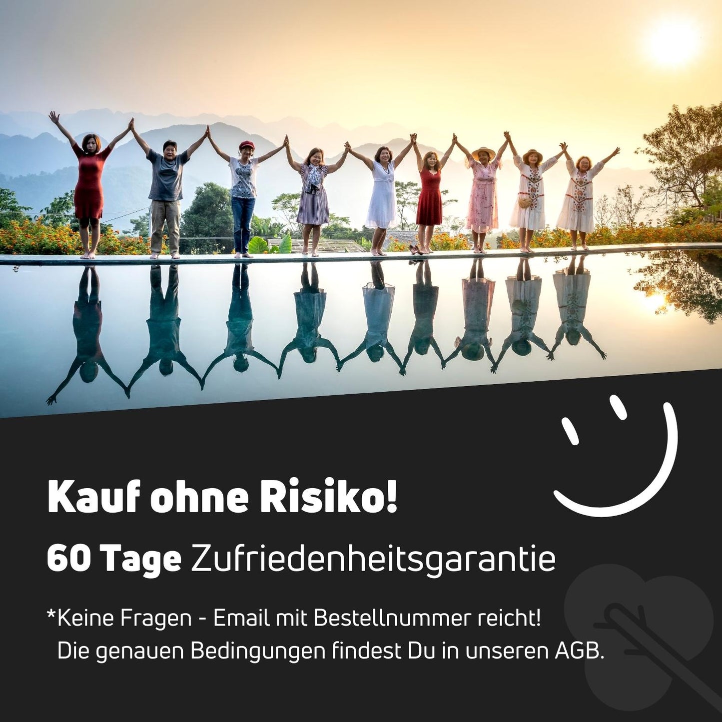 Gruppe von Menschen, die an einem Pool steht, mit dem Text "Kauf ohne Risiko! 60 Tage Zufriedenheitsgarantie" im Vordergrund.