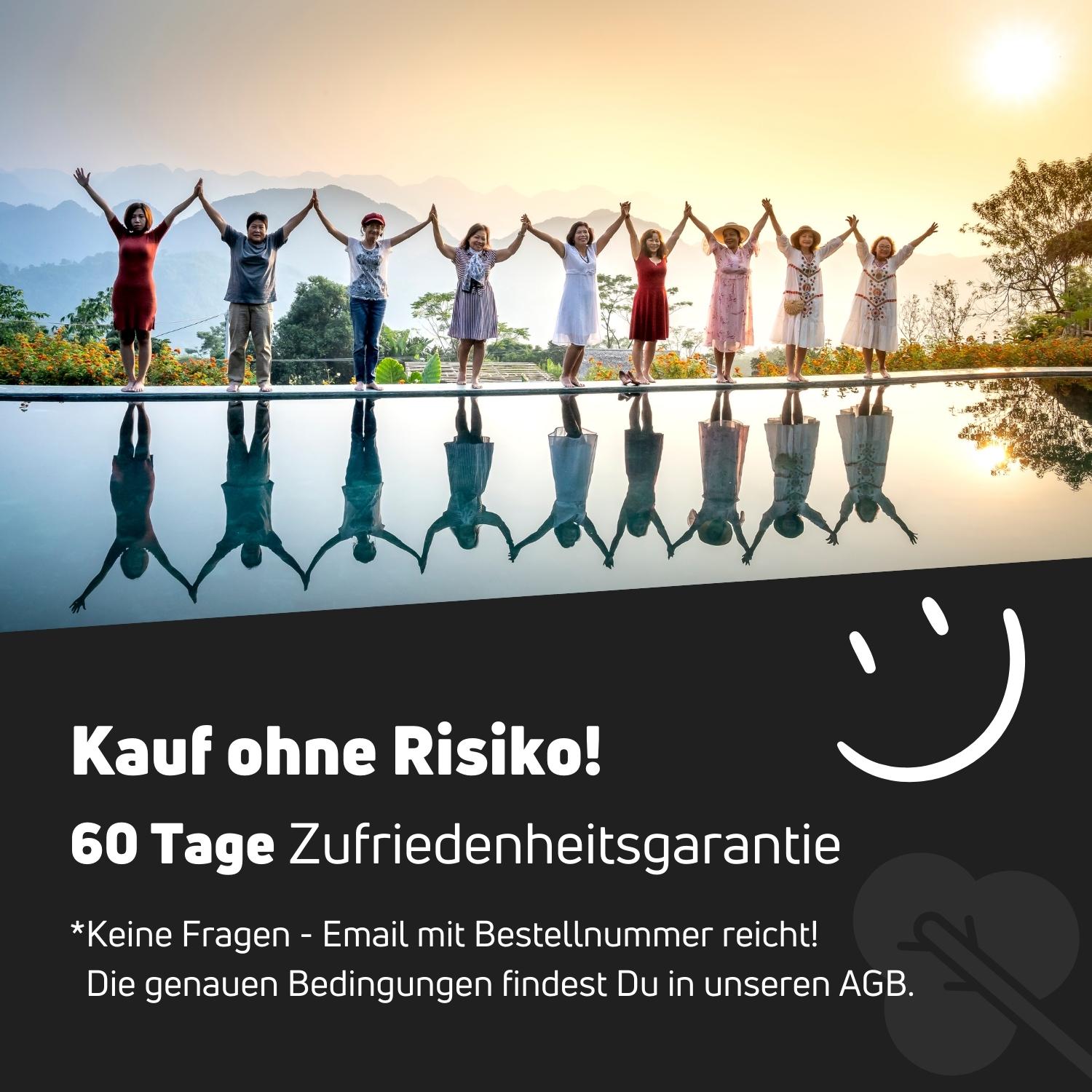 Gruppe von Menschen, die an einem Pool steht, mit dem Text "Kauf ohne Risiko! 60 Tage Zufriedenheitsgarantie" im Vordergrund.