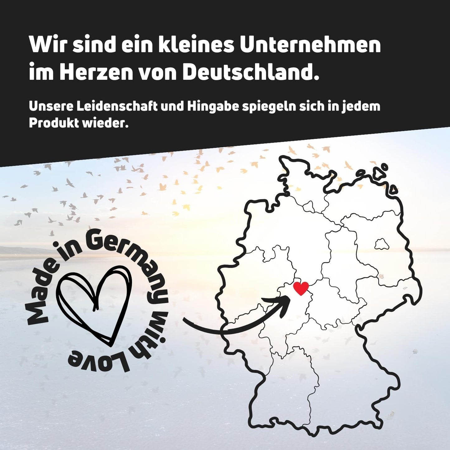 Illustration of Germany map with heart symbol and text promoting a small company based in Germany, emphasizing passion and quality.