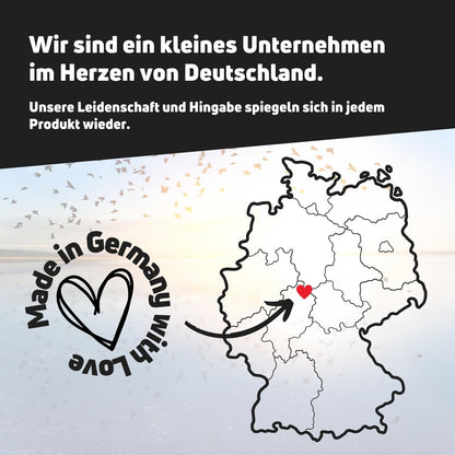 Illustration of Germany map with heart symbol and text promoting a small company based in Germany, emphasizing passion and quality.