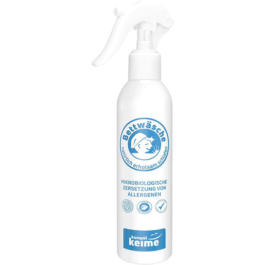 Bettwäsche Milbenspray für allergenreduzierende mikrobiologische Zersetzung von Hausstaubmilben, chemikalienfrei und hautfreundlich.